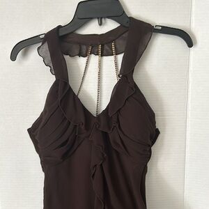 Brown cocktail dress with sparkle beads on back, ruffle neck front Junior Small
